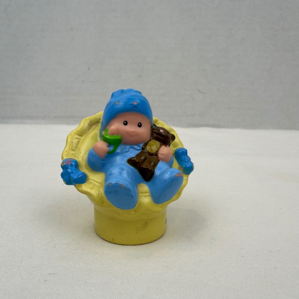 Fisher Price Little People Baby in Yellow Chair Blue Sleeper Teddy Bear 2008